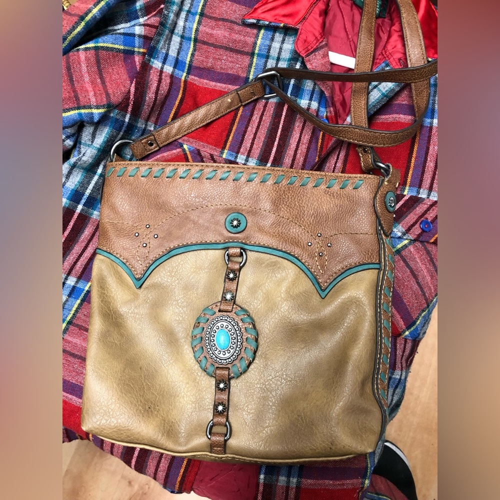 Justin boots- leather western bohemian leather bag- turquoise color details